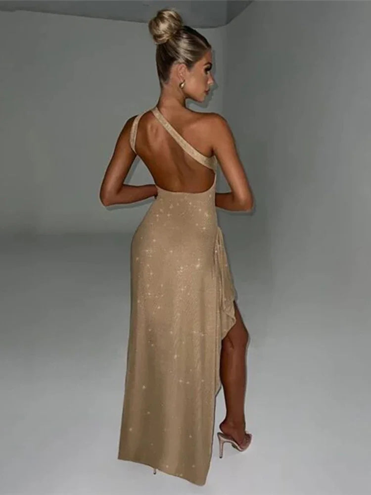 XIZOU Elegant Bodycon Maxi Dress Sexy Backless High Split Sequined Dress Sleeveless Party Evening Dresses for Women 2023