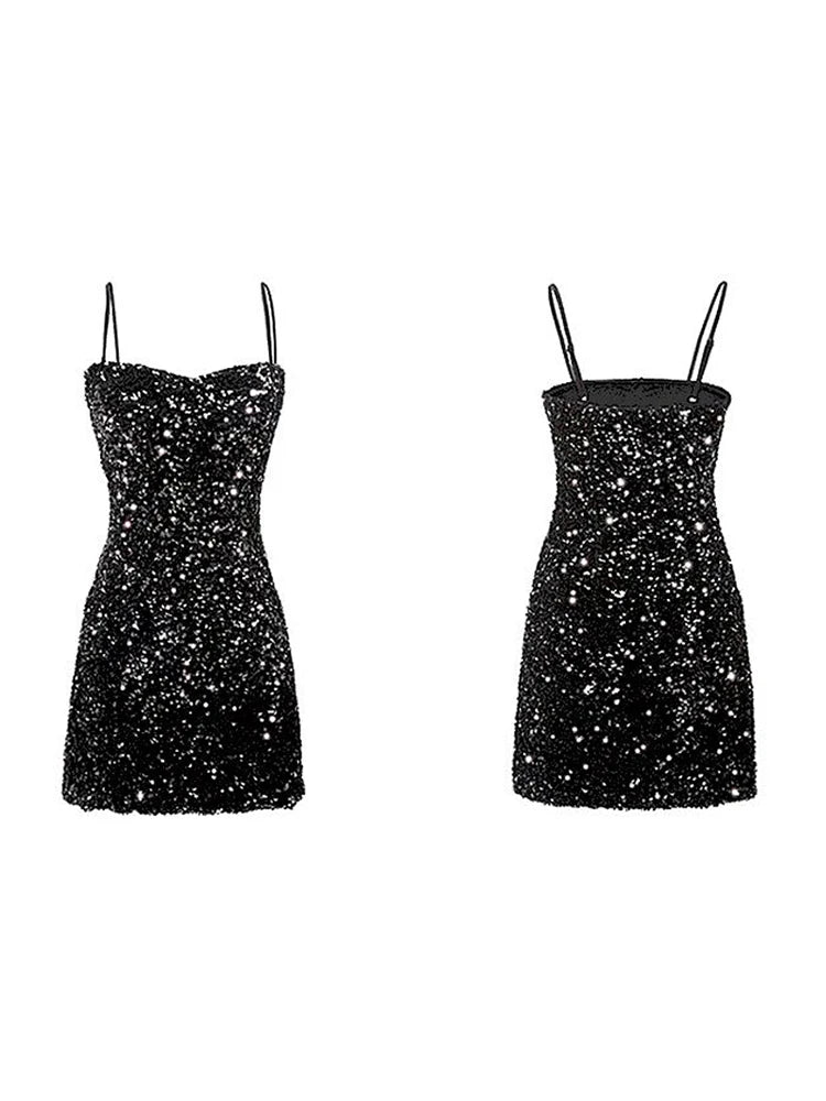2023 New Design Aesthetic Sexy Halter Sequins Black Dress Evening Woman Party Romantic Loose Sleeveless Stylish Mini Skirt Solid